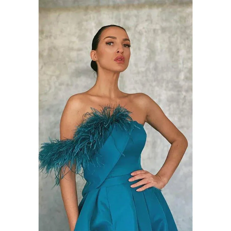 A-line Blue Satin Strapless Chic Feather Long Prom Dress with Slit Evening Gowns