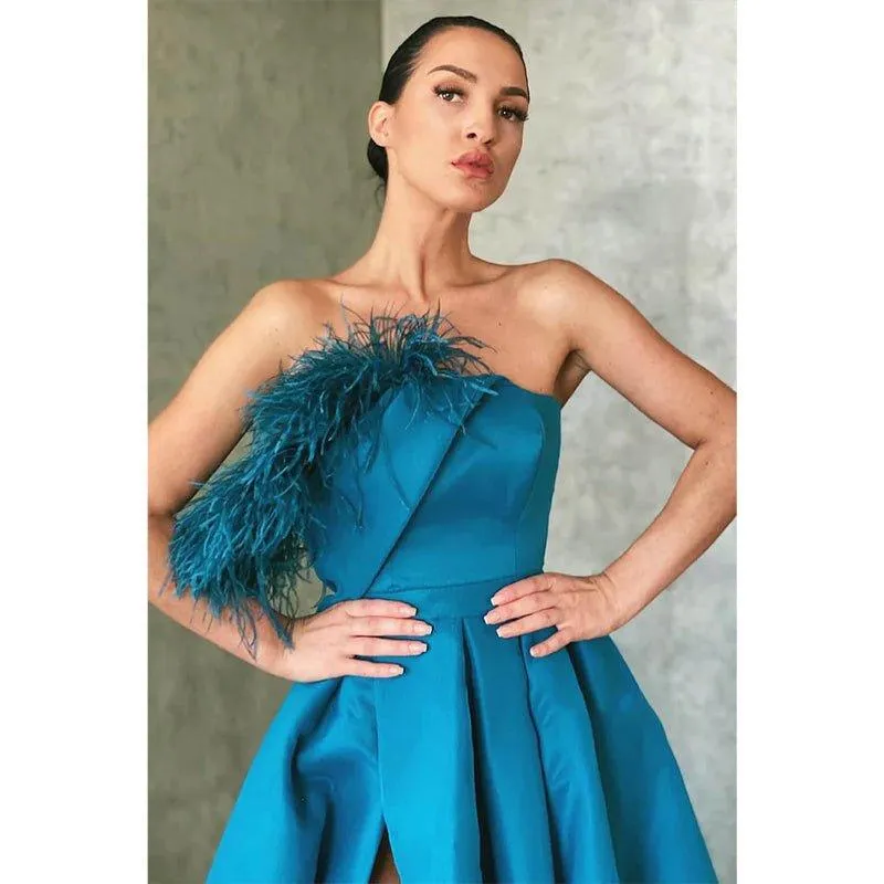 A-line Blue Satin Strapless Chic Feather Long Prom Dress with Slit Evening Gowns