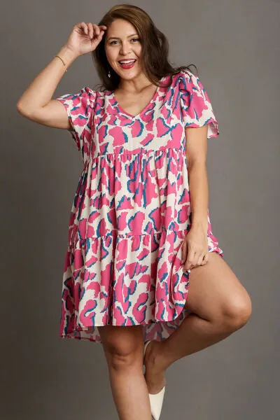Abstract Print Pleat Tiered Dress