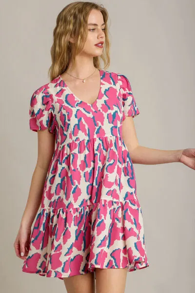 Abstract Print Pleat Tiered Dress