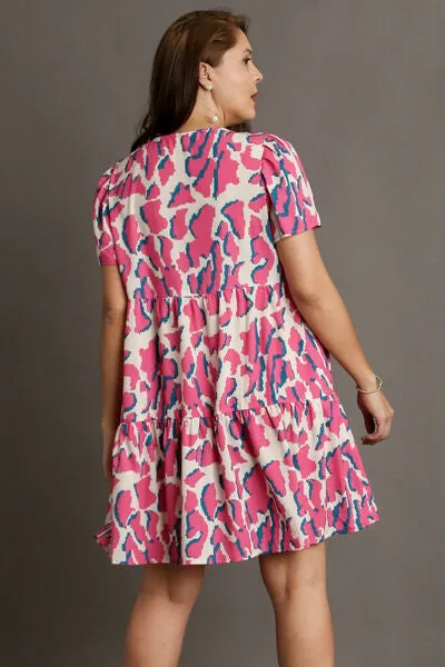 Abstract Print Pleat Tiered Dress