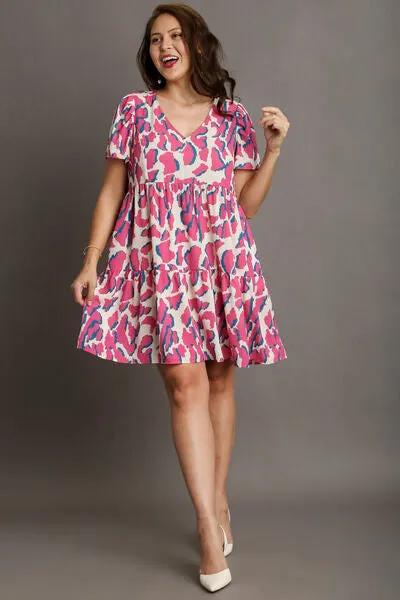 Abstract Print Pleat Tiered Dress