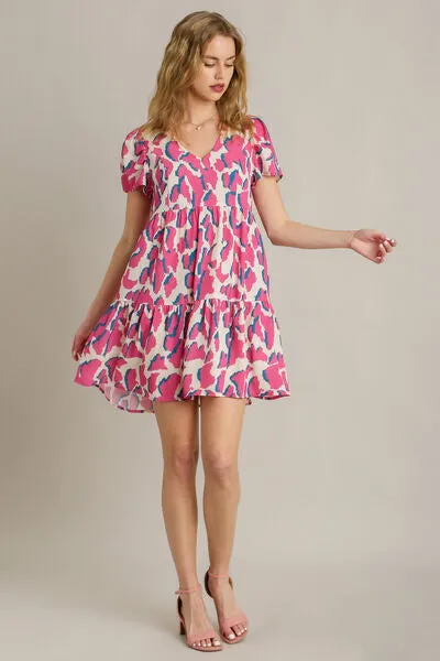 Abstract Print Pleat Tiered Dress