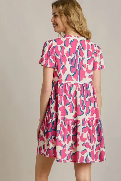 Abstract Print Pleat Tiered Dress