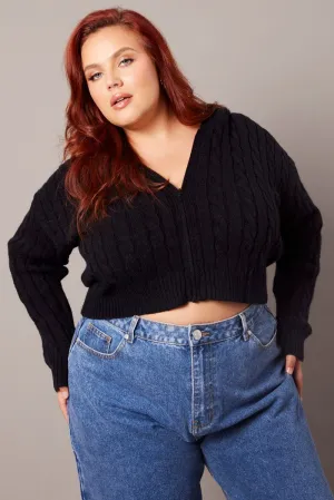 Black Cable Knit Cardigan Hooded Crop