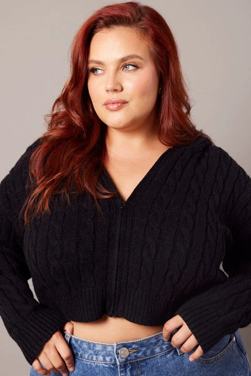 Black Cable Knit Cardigan Hooded Crop