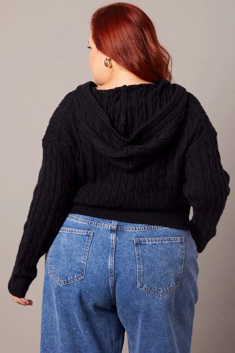 Black Cable Knit Cardigan Hooded Crop