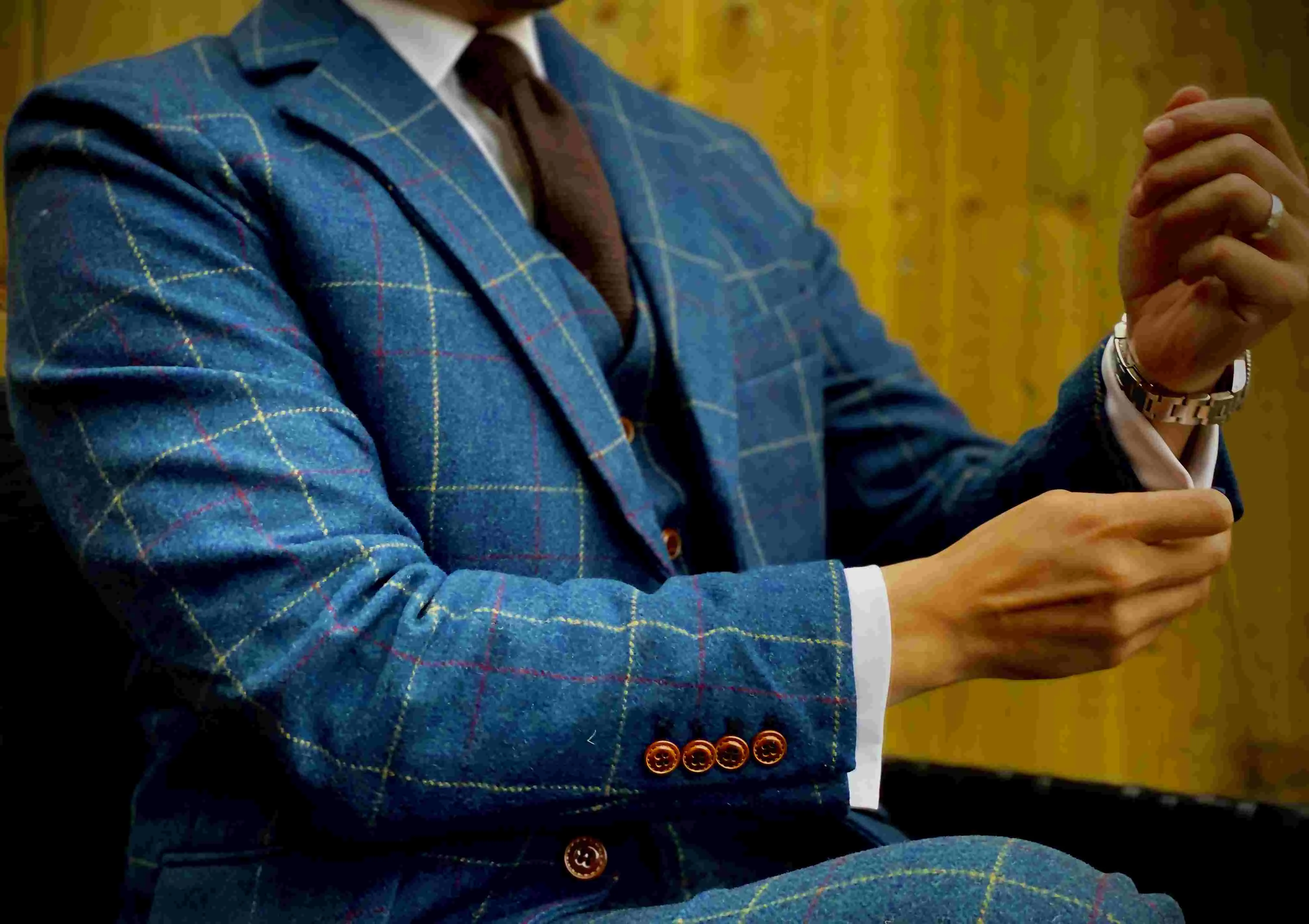 Blue Overcheck Twill 3 Piece Tweed Suit CUSTOM