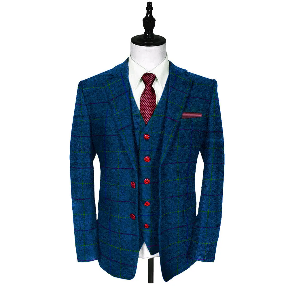Blue Overcheck Twill 3 Piece Tweed Suit CUSTOM