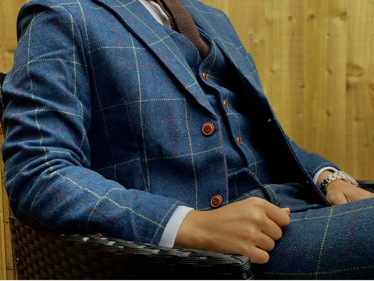 Blue Overcheck Twill 3 Piece Tweed Suit CUSTOM