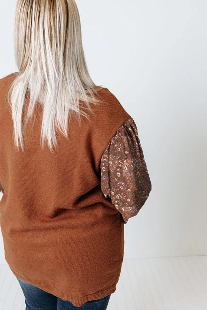 Casual Brown Floral Sleeve Plus Size Sweater