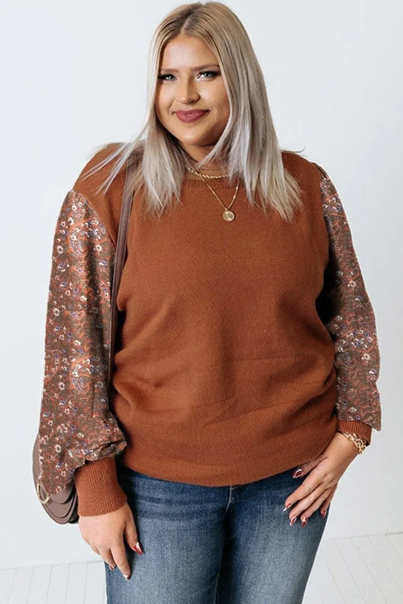 Casual Brown Floral Sleeve Plus Size Sweater