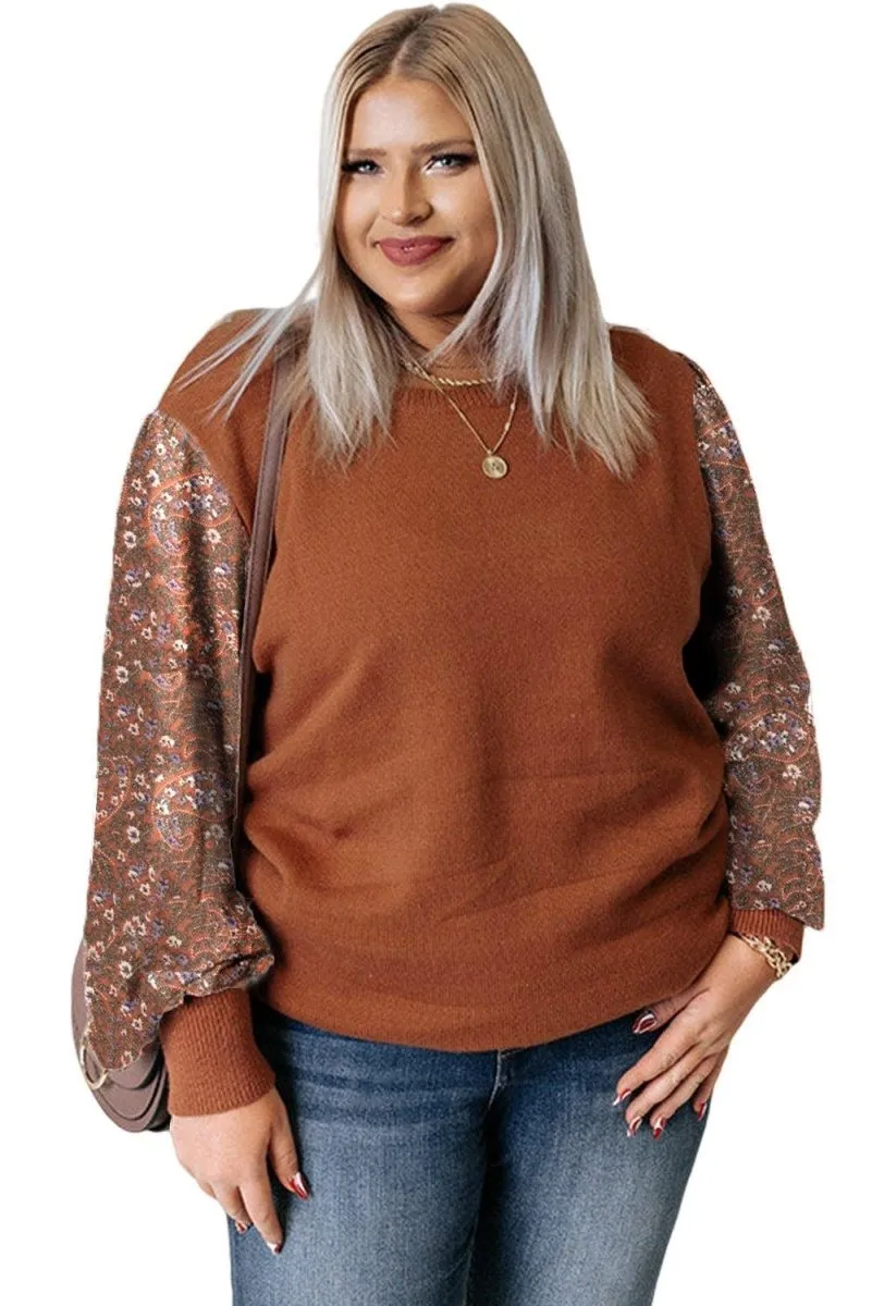 Casual Brown Floral Sleeve Plus Size Sweater