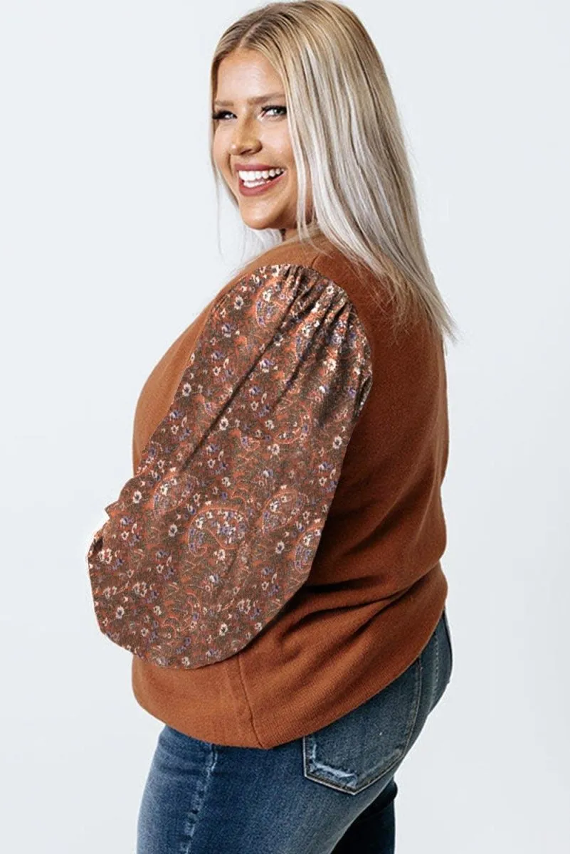 Casual Brown Floral Sleeve Plus Size Sweater