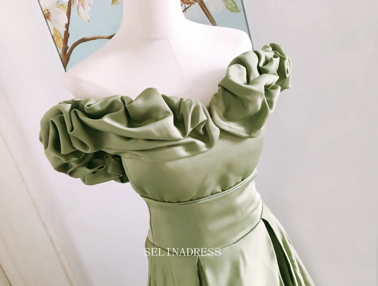 Chic A-line Off Shoulder olive Green Long Prom Dresses Satin Princess Evening Dress Long Formal Dress OSTY049