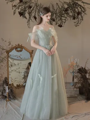 Chic A-line Off-the-shoulder Green Long Prom Dresses Tulle Formal Gowns Evening Dress OSTY062