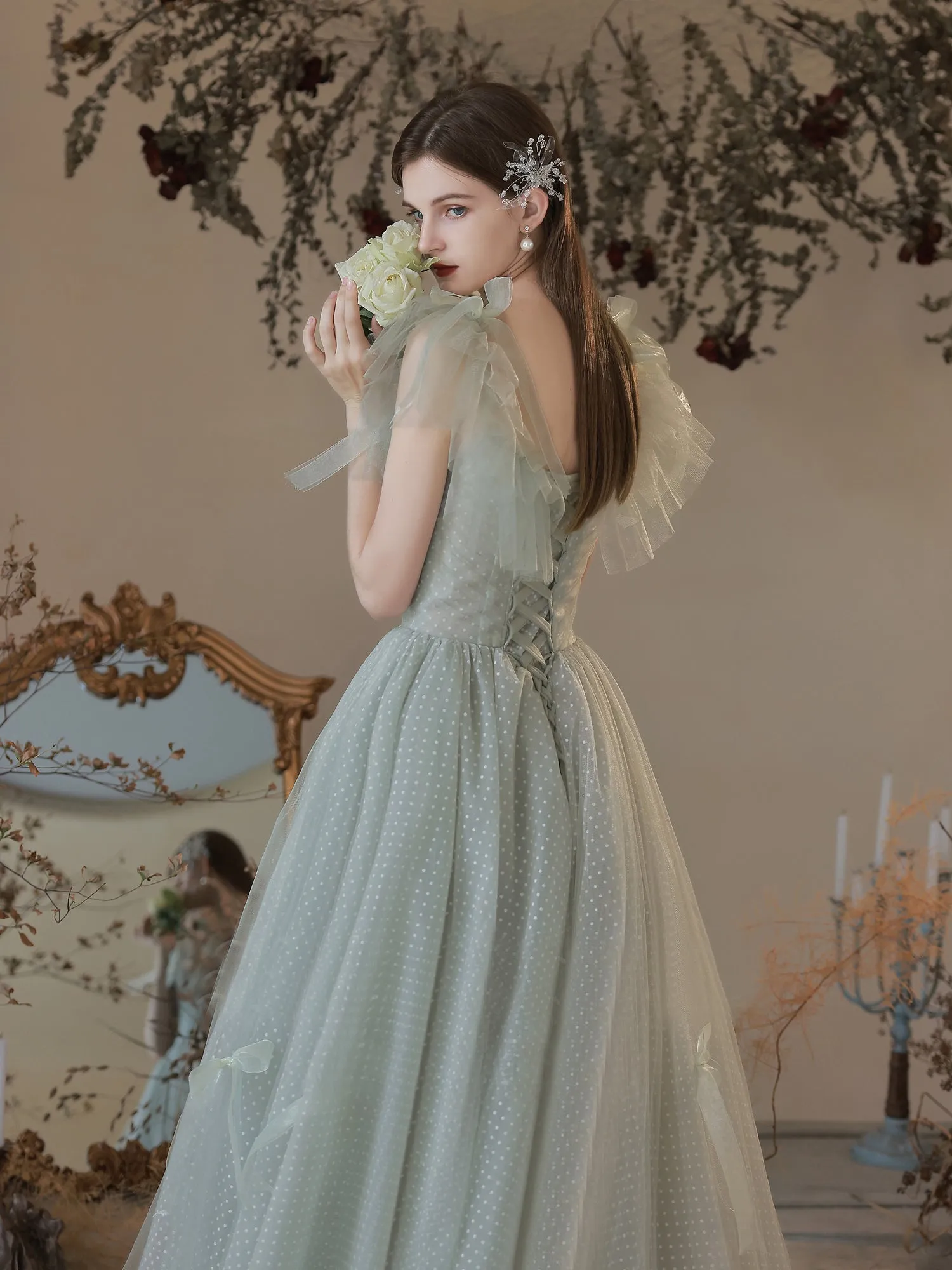 Chic A-line Off-the-shoulder Green Long Prom Dresses Tulle Formal Gowns Evening Dress OSTY062
