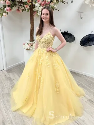 Chic A-line Spaghetti Strap Applique Long Prom Dresses Yellow Evening Dresses MLH1228