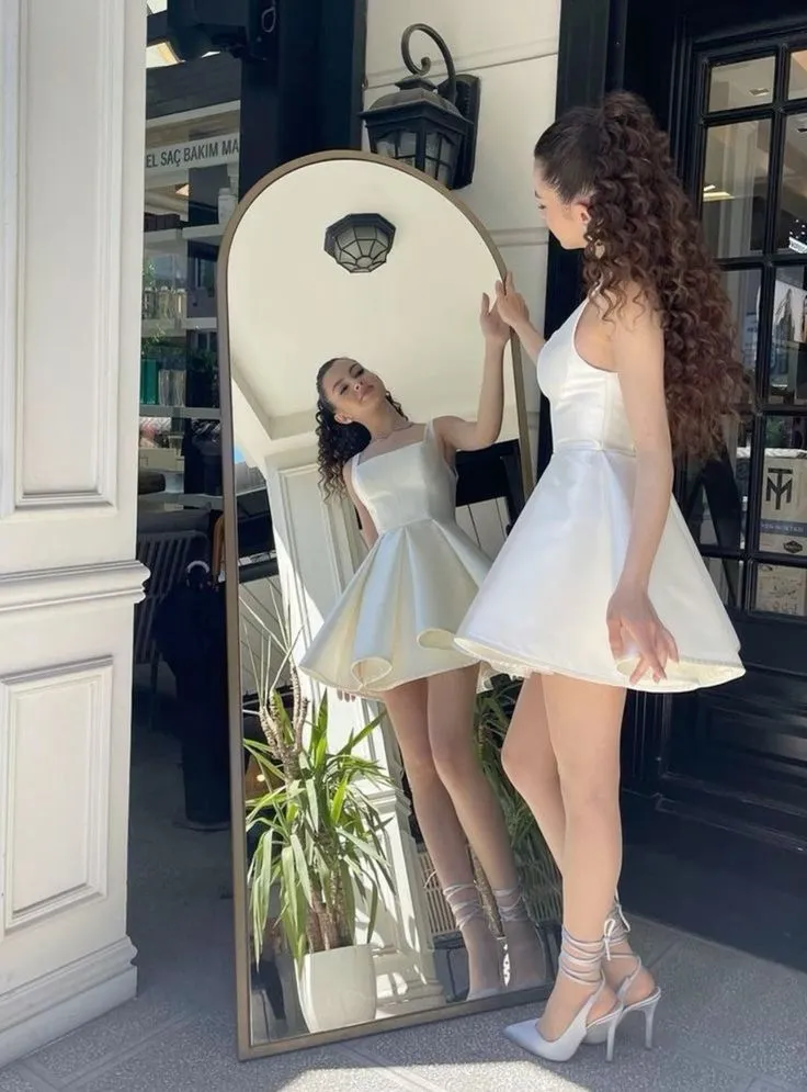 Chic A line Straps Short Satin White Homecoming Dress 20th Birthday Outfits C651
