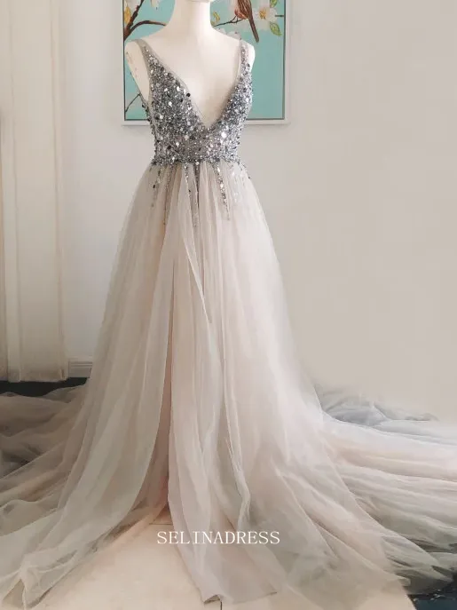 Chic A-line V neck Beaded Silver Long Prom Dresses Beaded Princess Bridesmaid Dresses Long Formal Dress OSTY051