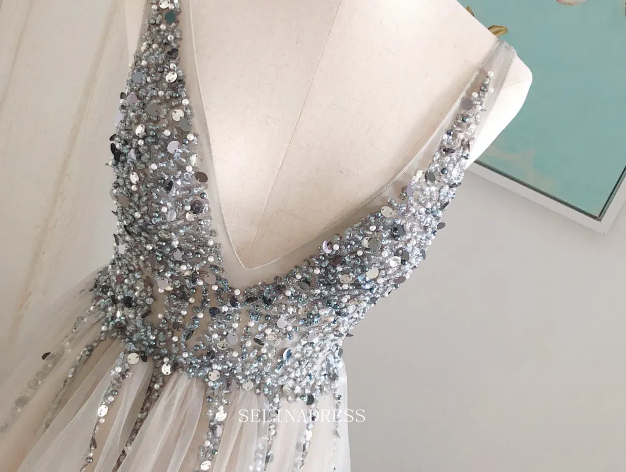 Chic A-line V neck Beaded Silver Long Prom Dresses Beaded Princess Bridesmaid Dresses Long Formal Dress OSTY051