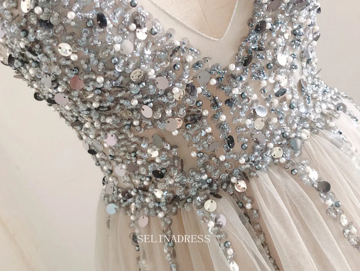 Chic A-line V neck Beaded Silver Long Prom Dresses Beaded Princess Bridesmaid Dresses Long Formal Dress OSTY051