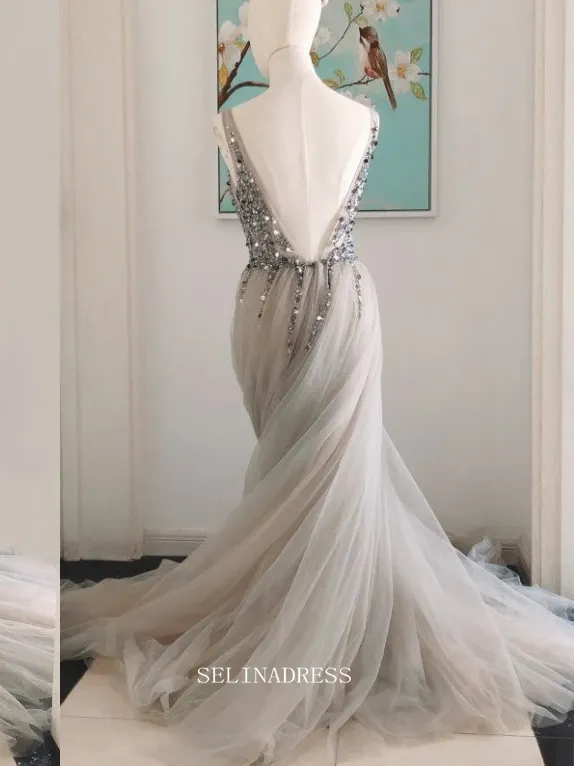 Chic A-line V neck Beaded Silver Long Prom Dresses Beaded Princess Bridesmaid Dresses Long Formal Dress OSTY051