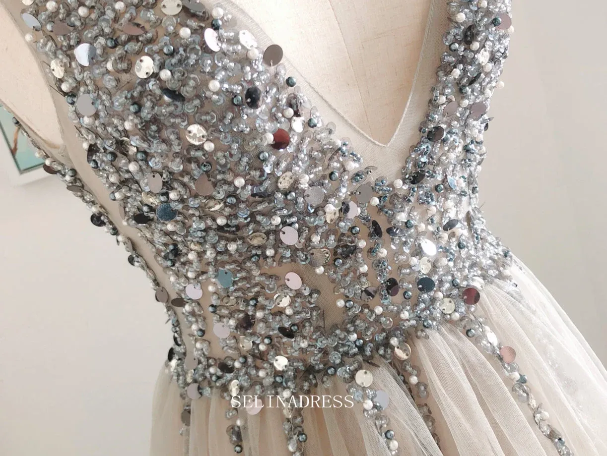Chic A-line V neck Beaded Silver Long Prom Dresses Beaded Princess Bridesmaid Dresses Long Formal Dress OSTY051