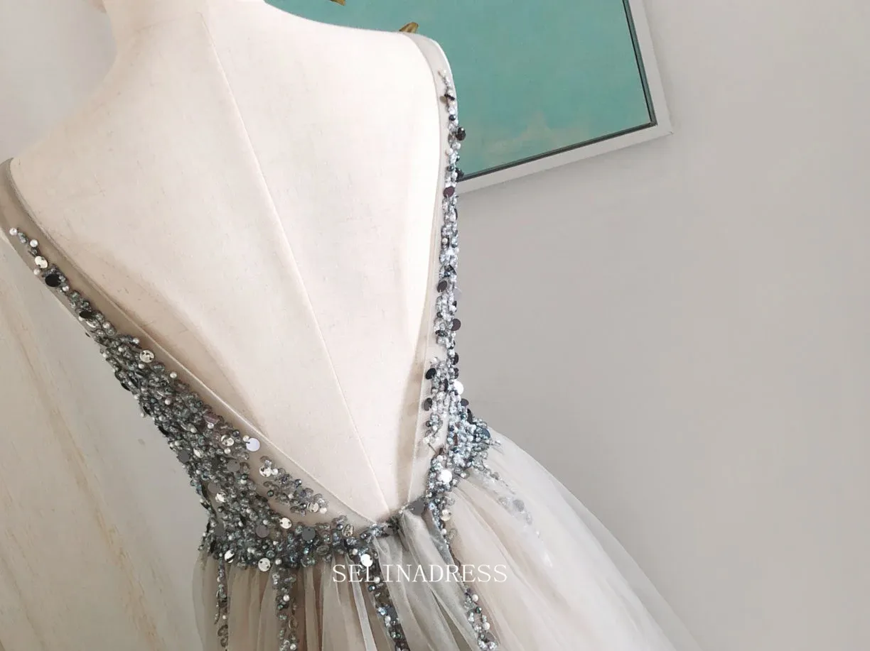 Chic A-line V neck Beaded Silver Long Prom Dresses Beaded Princess Bridesmaid Dresses Long Formal Dress OSTY051