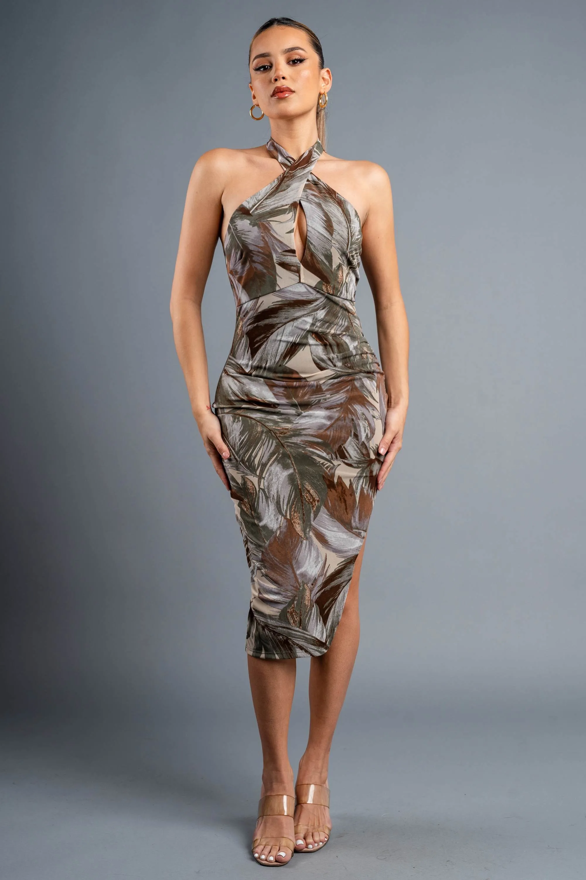CHIC LEAF PRINT MESH TWIST HALTERNECK MIDI DRESS