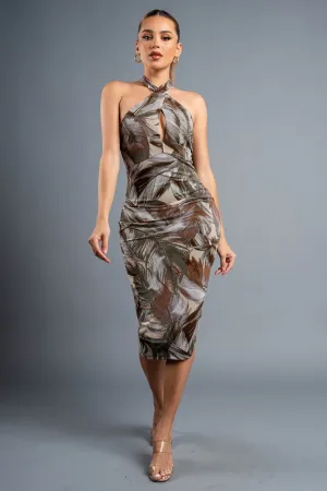 CHIC LEAF PRINT MESH TWIST HALTERNECK MIDI DRESS