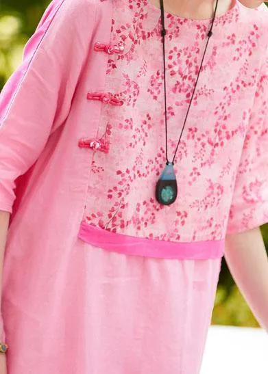 Chic o neck patchwork linen dresses pattern pink print Dresses summer