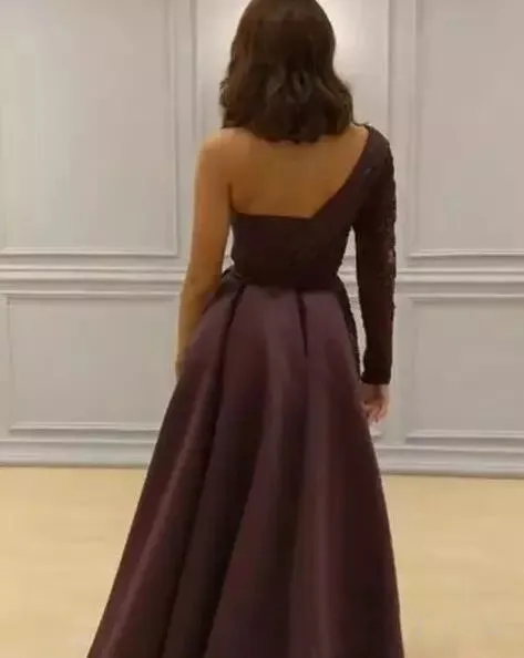 Chic One Shoulder Prom Dresses Long Sleeve Burgundy Long Prom Dress Evening Dresses ASSD026