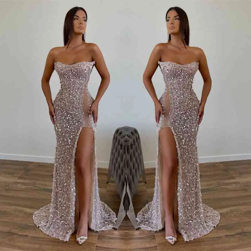 Chic Sequined Floor Length Strapless A-line Prom Dress with Front Slit