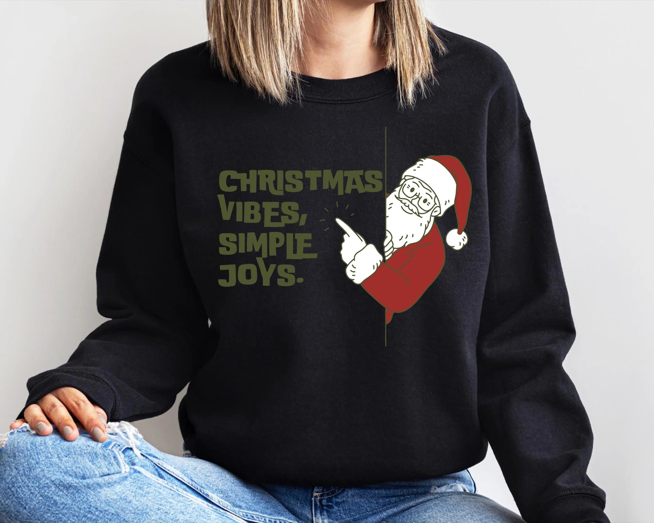 Christmas Vibes Simple Joys Sweatshirt, Santa and Reindeer Graphic Pullover, Couples Holiday Sweater