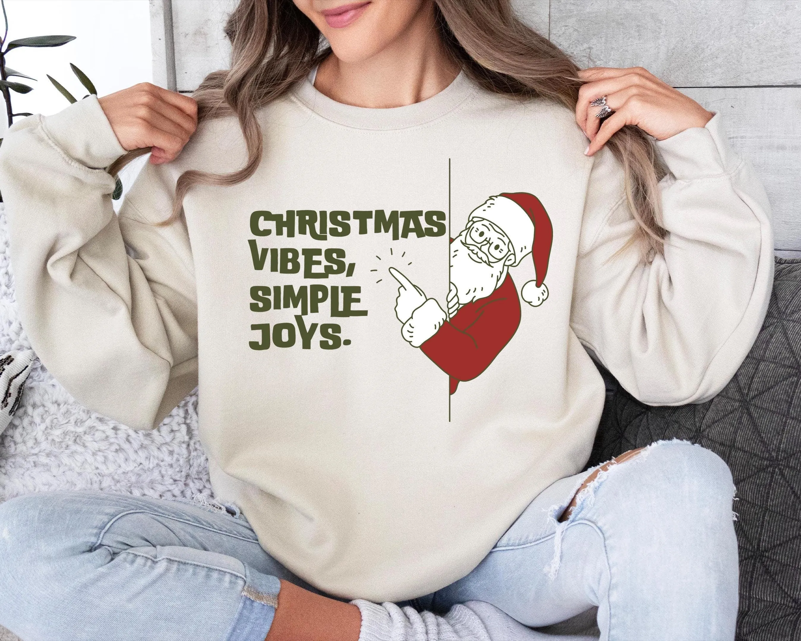 Christmas Vibes Simple Joys Sweatshirt, Santa and Reindeer Graphic Pullover, Couples Holiday Sweater