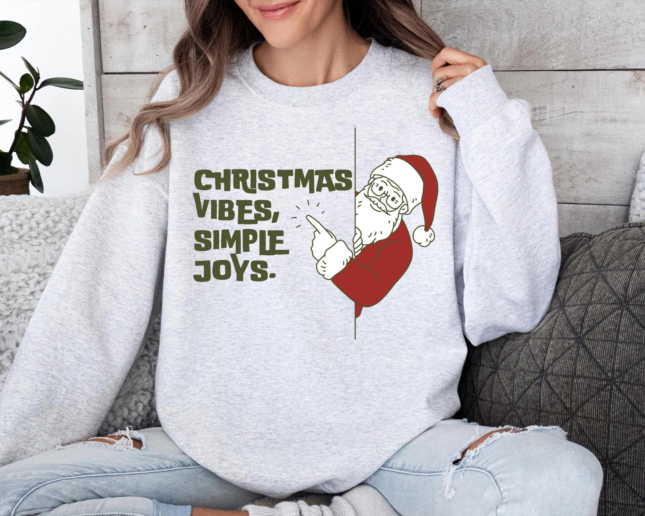 Christmas Vibes Simple Joys Sweatshirt, Santa and Reindeer Graphic Pullover, Couples Holiday Sweater