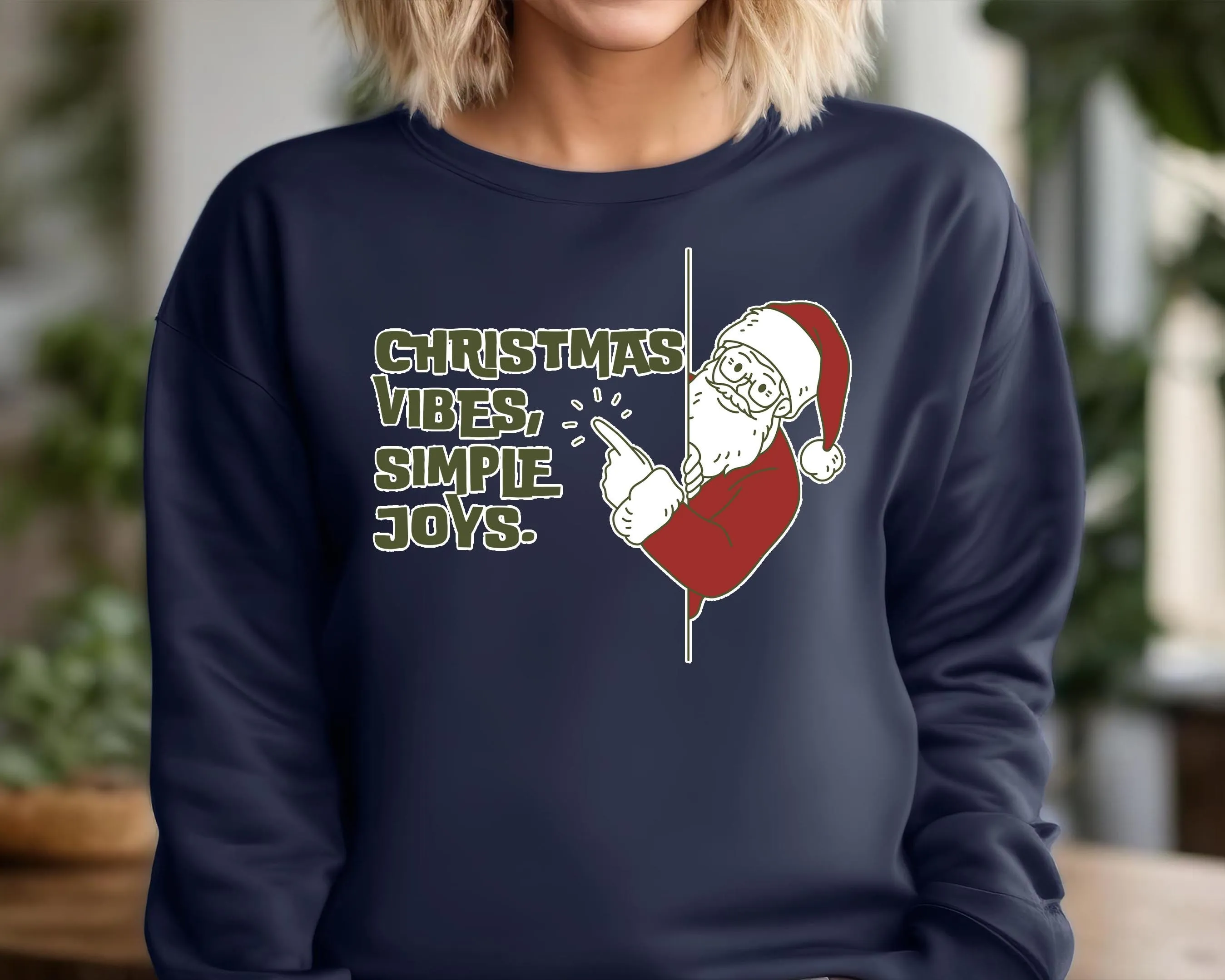 Christmas Vibes Simple Joys Sweatshirt, Santa and Reindeer Graphic Pullover, Couples Holiday Sweater