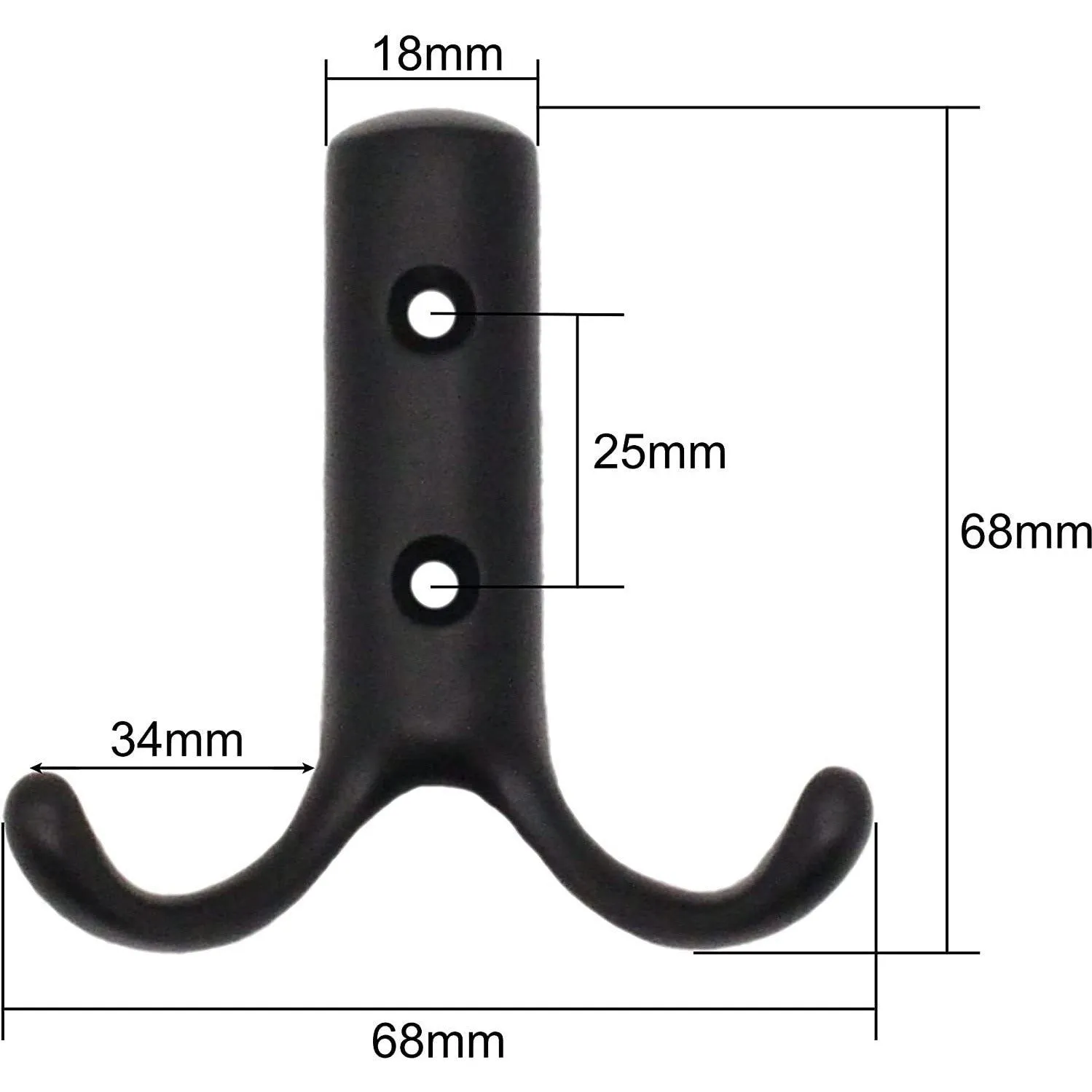 Coat Hook Twin Double Robe Modern - 70mm - Matt Black - Pack of 2