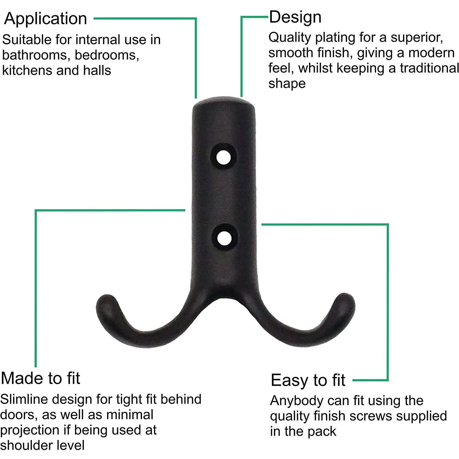 Coat Hook Twin Double Robe Modern - 70mm - Matt Black - Pack of 2