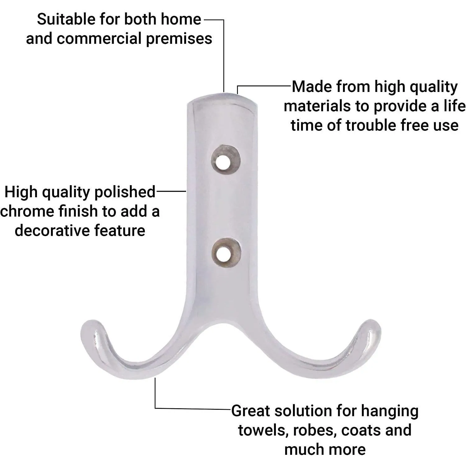 Coat Hook Twin Double Robe Modern - Chrome Plated - Pack of 2