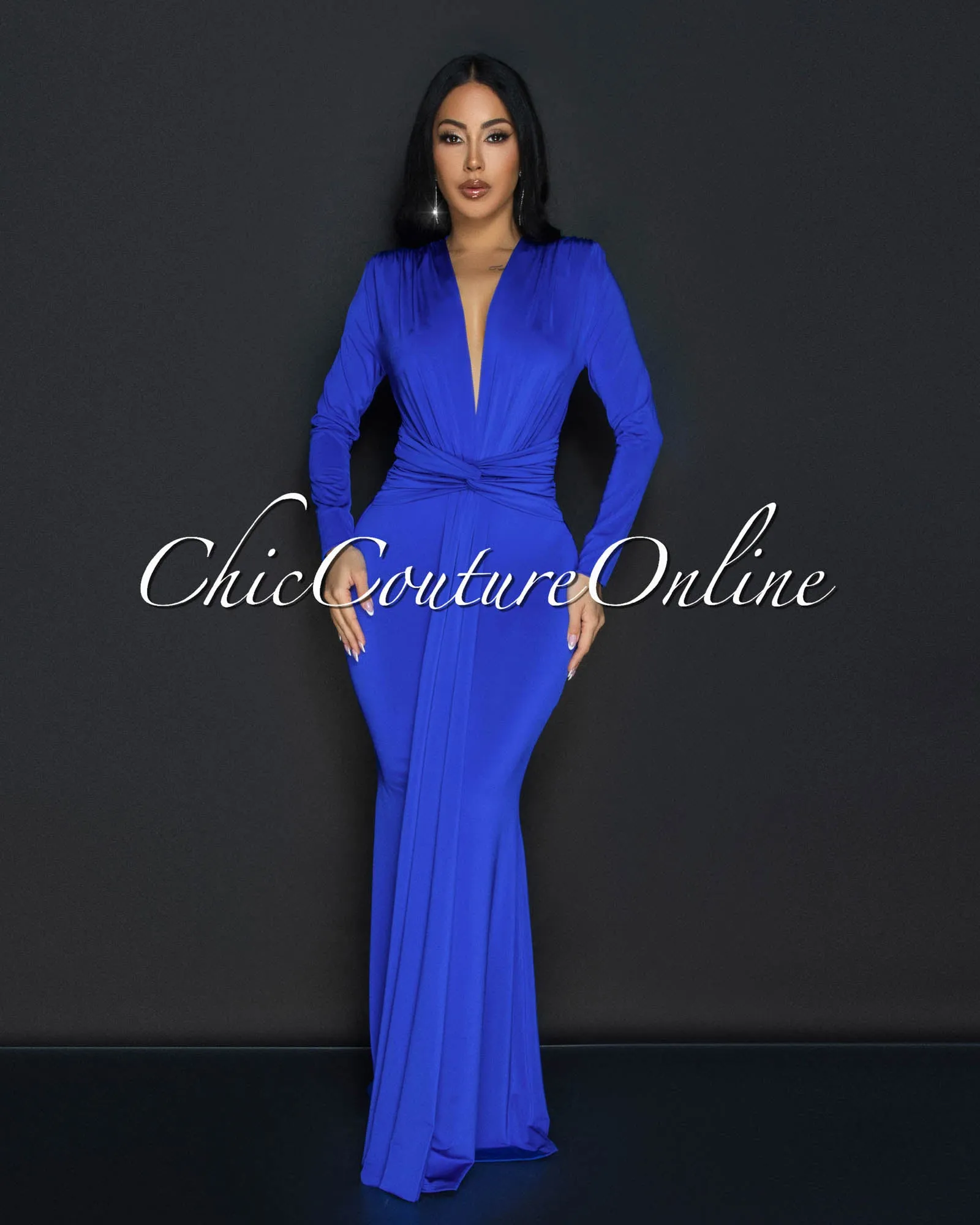 Cordelia Royal-Blue Long Sleeves Deep V-Neck Maxi Dress