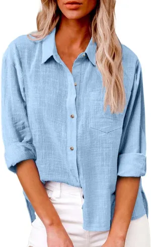 Cotton Linen Shirts for Women 3/4 Sleeve Button V Neck Blouses Summer Beach Holiday Gauze Loose Tunic Casual Y2k Tops