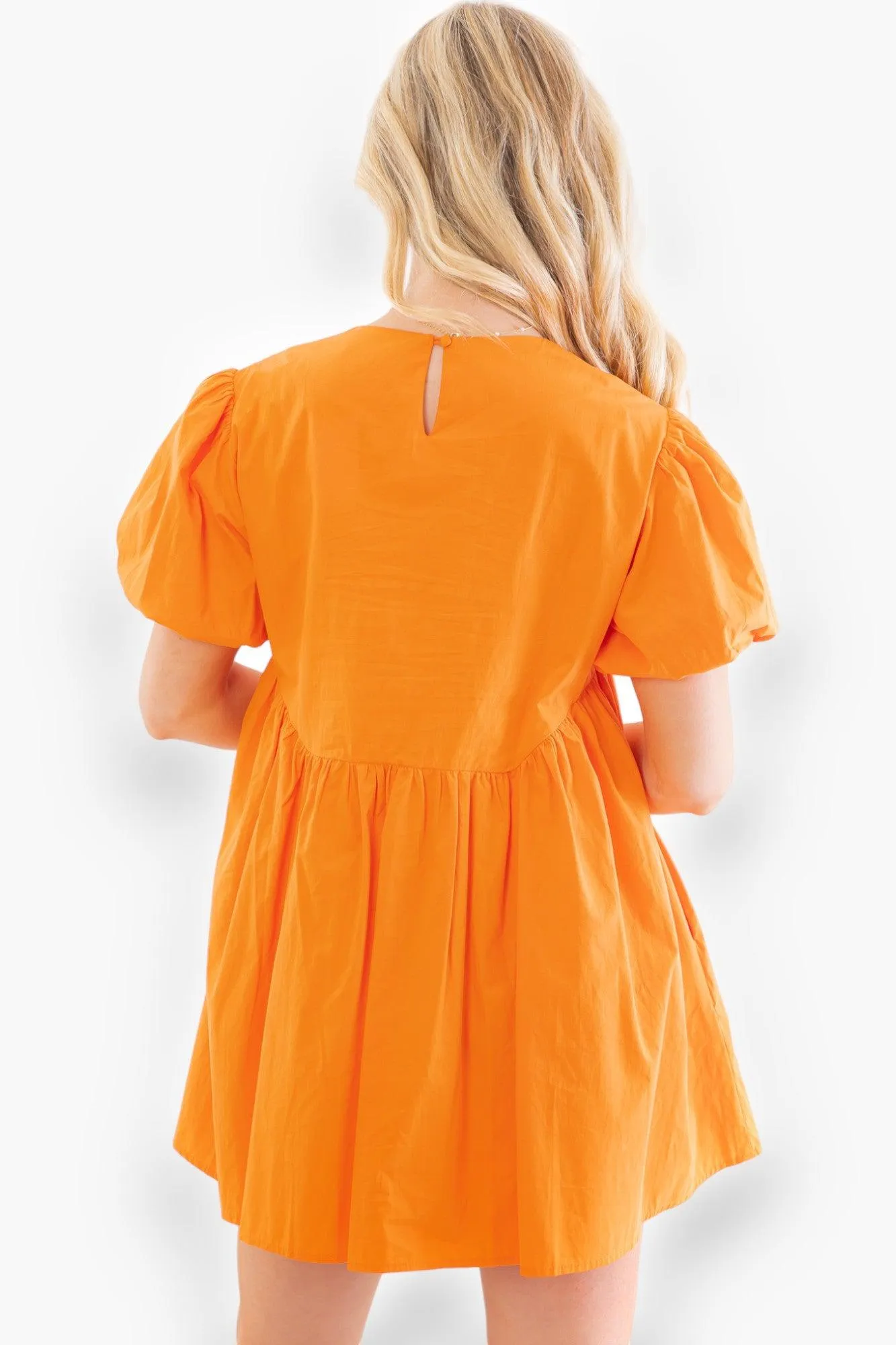 Date Night Orange Puff Sleeve Babydoll Mini Dress