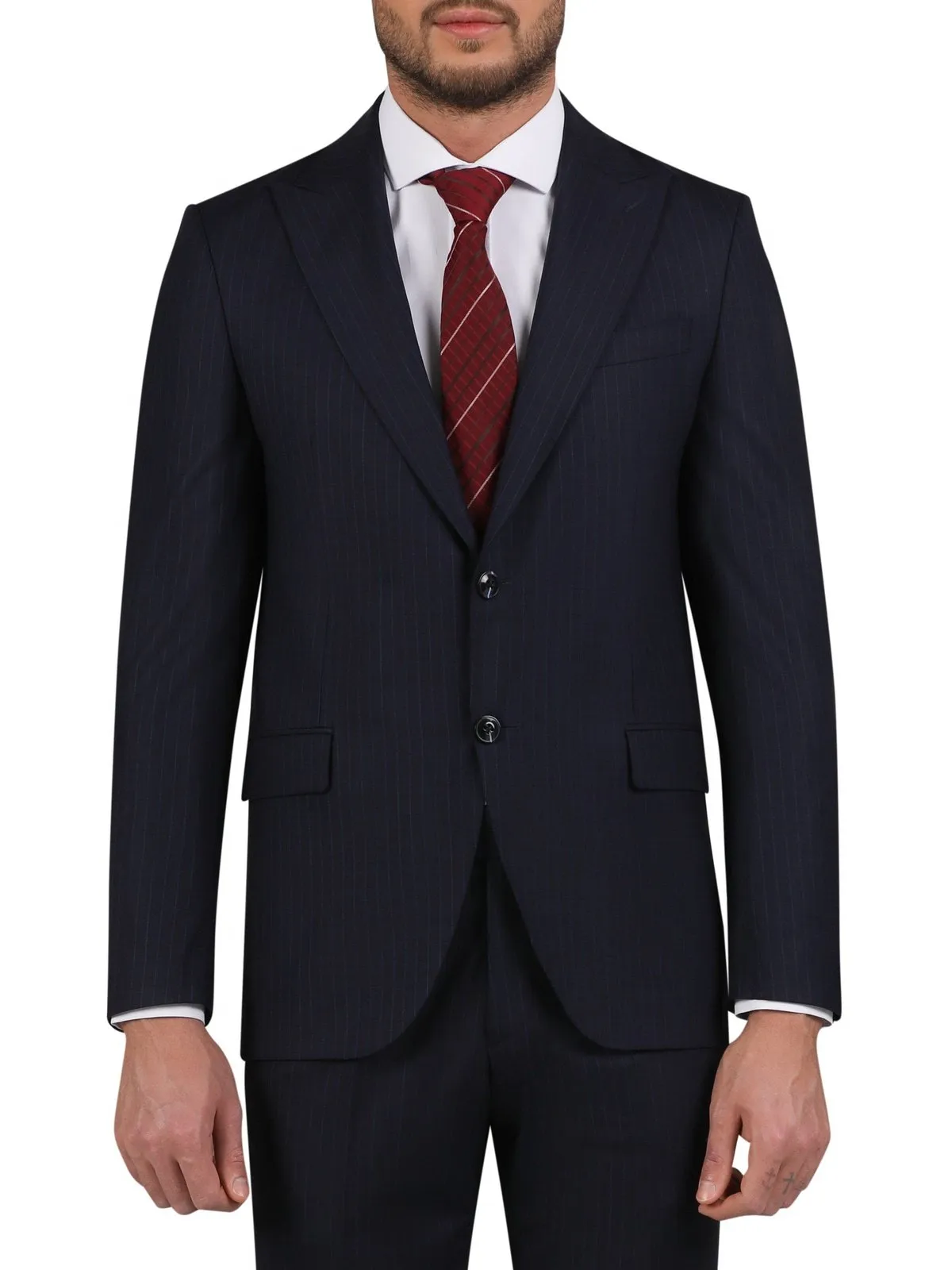 Di'nucci Slim Fit Navy With Purple Pinstripe Peak Lapel Wool Blend Suit