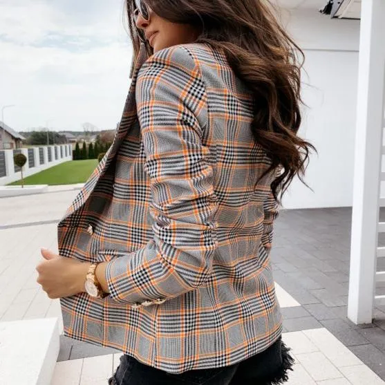 Elegant Plaid Women's Suit Coat Slim Button Long Sleeve Coat