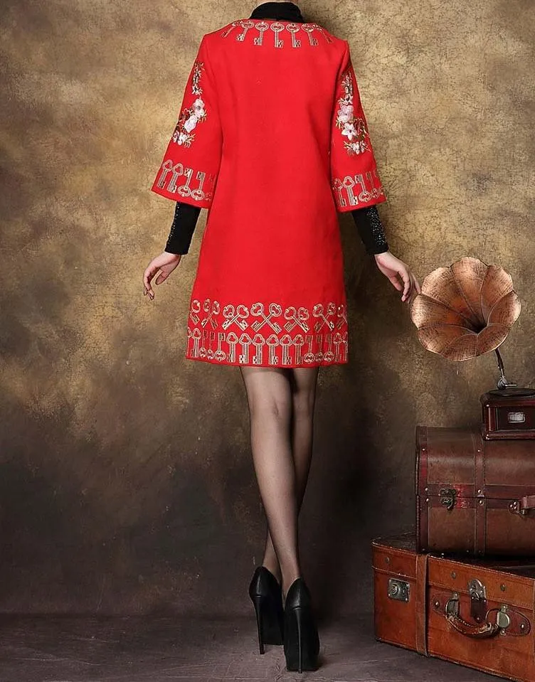 Embroidery Woolen Elegant Plus Size Loose Trench