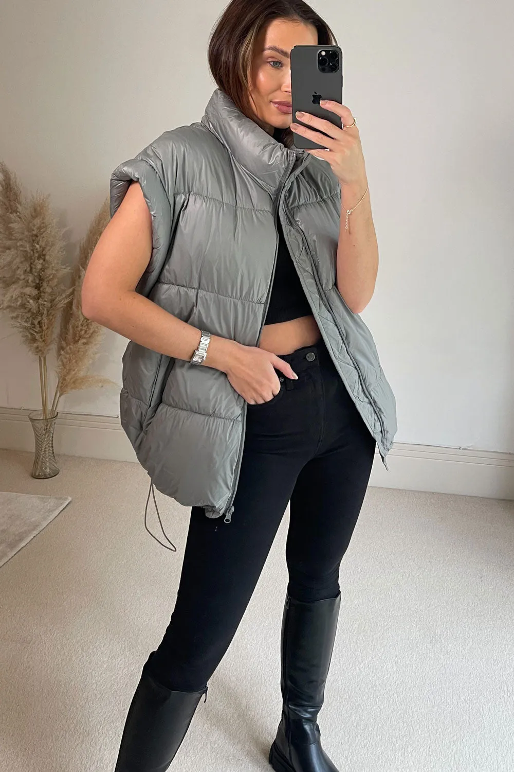 Flossie Grey Belted Longline Puffer Gilet