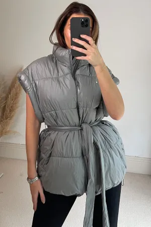 Flossie Grey Belted Longline Puffer Gilet