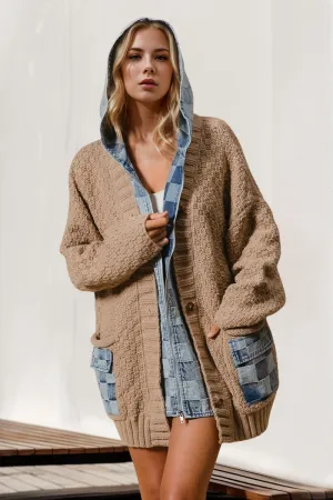 Full Size Hooded Denim Spliced Sweater Cardigan